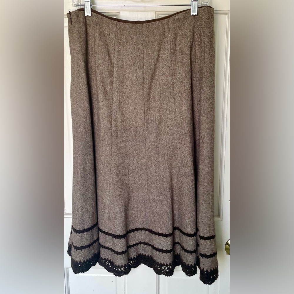 NWT Talbots Brown Tweed Midi Flared Skirt Crocheted Trim Wool Blend Size 12 - Picture 4 of 7